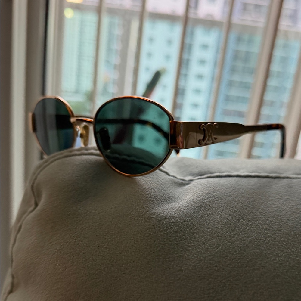 Celine green lenses Gold and Black Sunglasses with crossbody Celine case